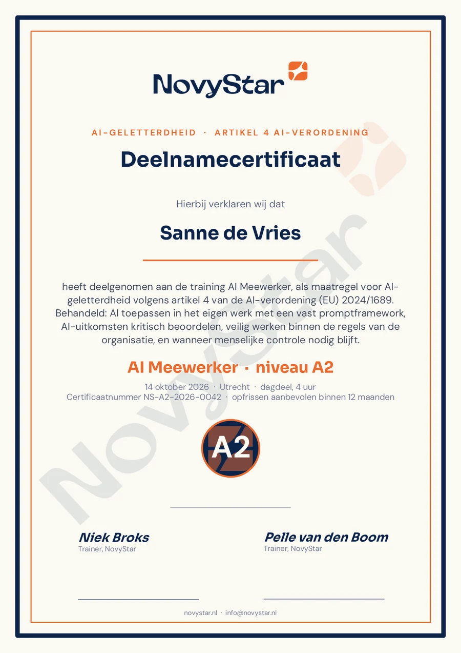Voorbeeld van een NovyStar-deelnamecertificaat AI Meewerker (A2) met een fictieve deelnemer